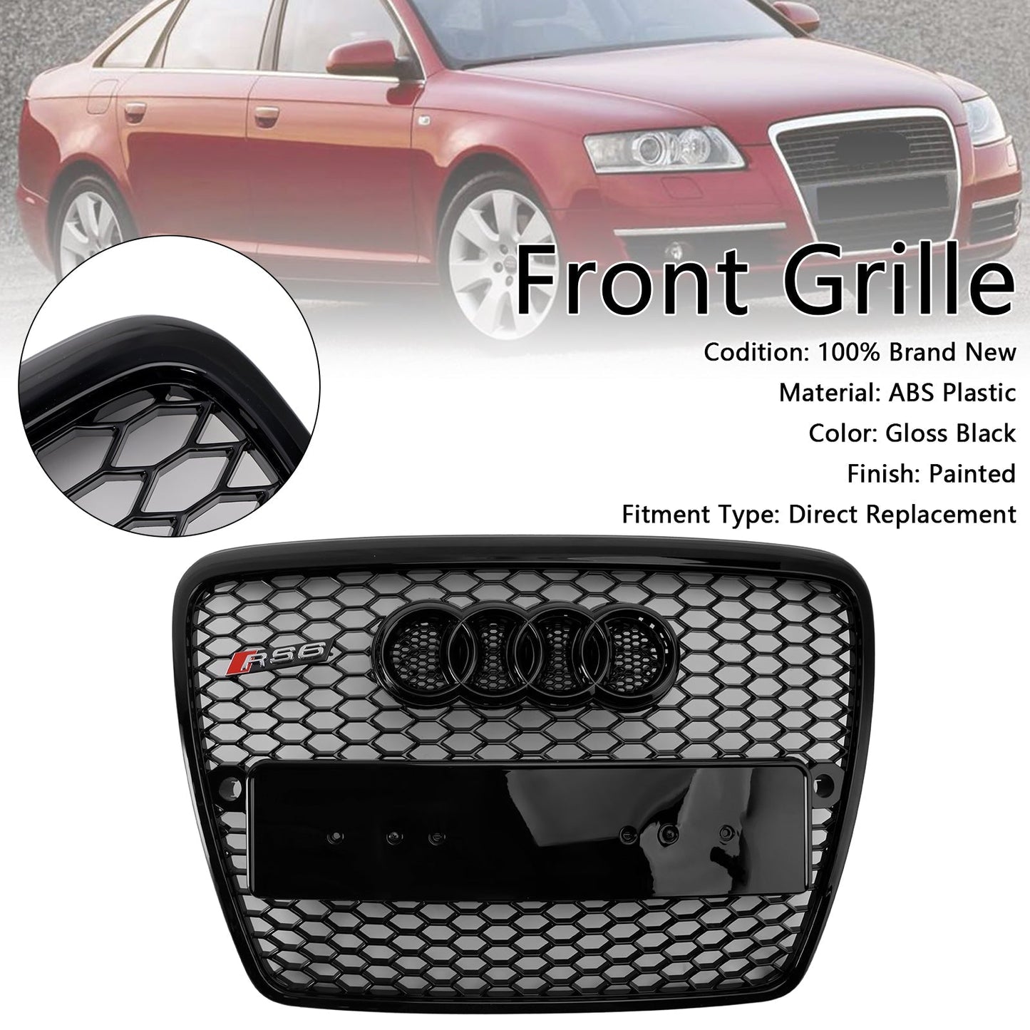 Audi 2004-2008 A6 C6 Front Black Grill Air Intak Radiator Bumper Hoenycomb Mesh Grille