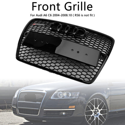 RS6 Style Grille For Audi A6 C6 2004-2008 Glossy Black Front Honeycomb Bumper Grill W/ Ring Emblem
