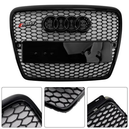 RS6 Style Grille For Audi A6 C6 2004-2008 Glossy Black Front Honeycomb Bumper Grill W/ Ring Emblem