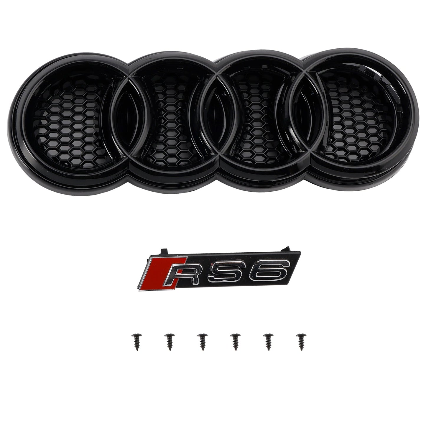 RS6 Style Grille For Audi A6 C6 2004-2008 Glossy Black Front Honeycomb Bumper Grill W/ Ring Emblem