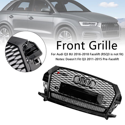 2016-2018 Audi Q3 / SQ3 RSQ3 Style Honeycomb Grill Front  Bumper Replacement Black Grille W/ Ring Embelm