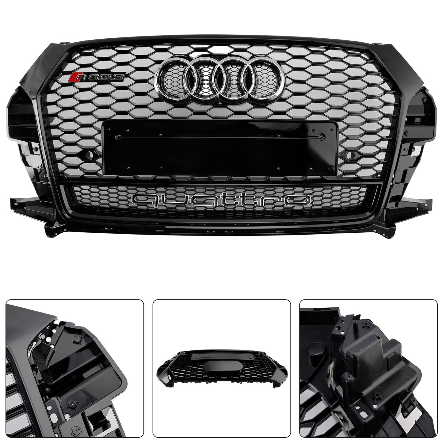 2016-2018 Audi Q3 / SQ3 RSQ3 Style Honeycomb Grill Front  Bumper Replacement Black Grille W/ Ring Embelm