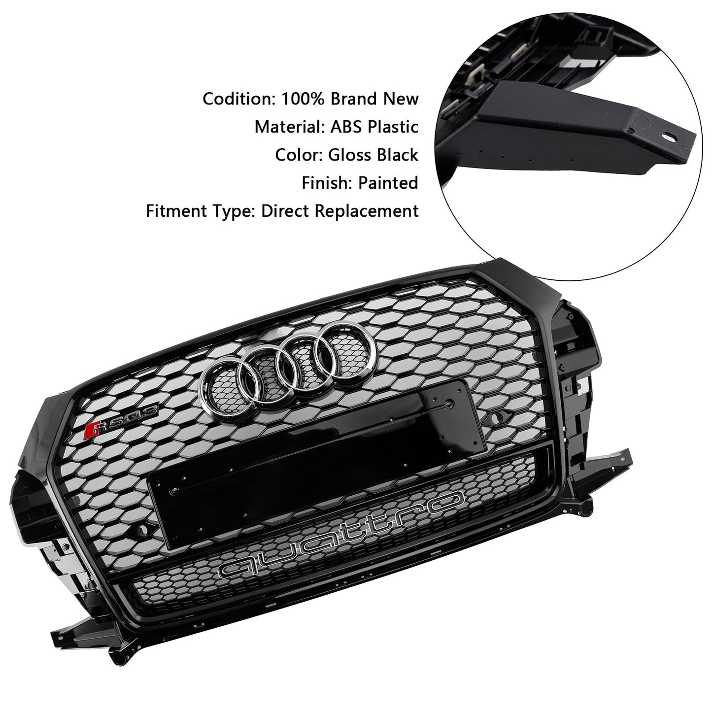 Audi Q3 / SQ3 2016-2018 RSQ3 Style Honeycomb Grill Front  Bumper Replacement Black Grille W/ Ring Embelm