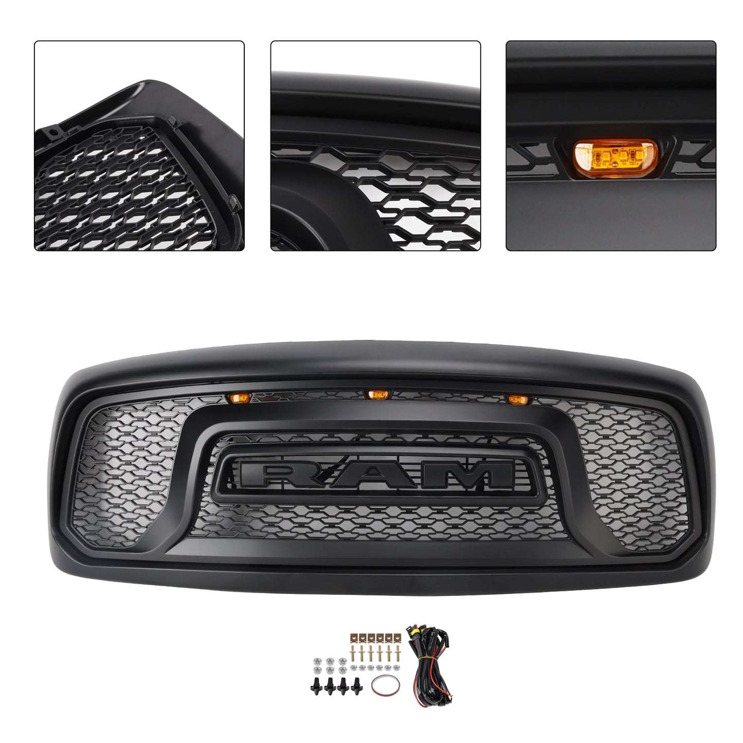 Dodge RAM 1500 2002-2005 Big Horn Style Grill Fron Bumper Black Replacement Grille W/ LED & RAM Letter
