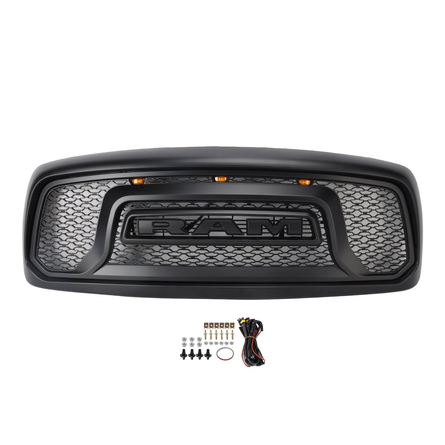 Dodge RAM 1500 2002-2005 Big Horn Style Grill Fron Bumper Black Replacement Grille W/ LED & RAM Letter