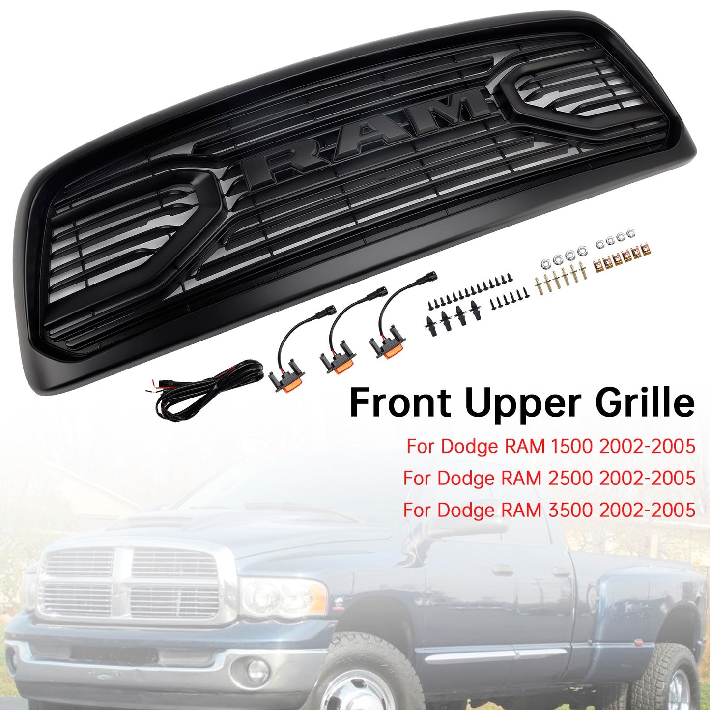 2002-2005 Dodge RAM 1500 Front Grill Big Horn Style Fron Bumper Black Replacement Grille With LED