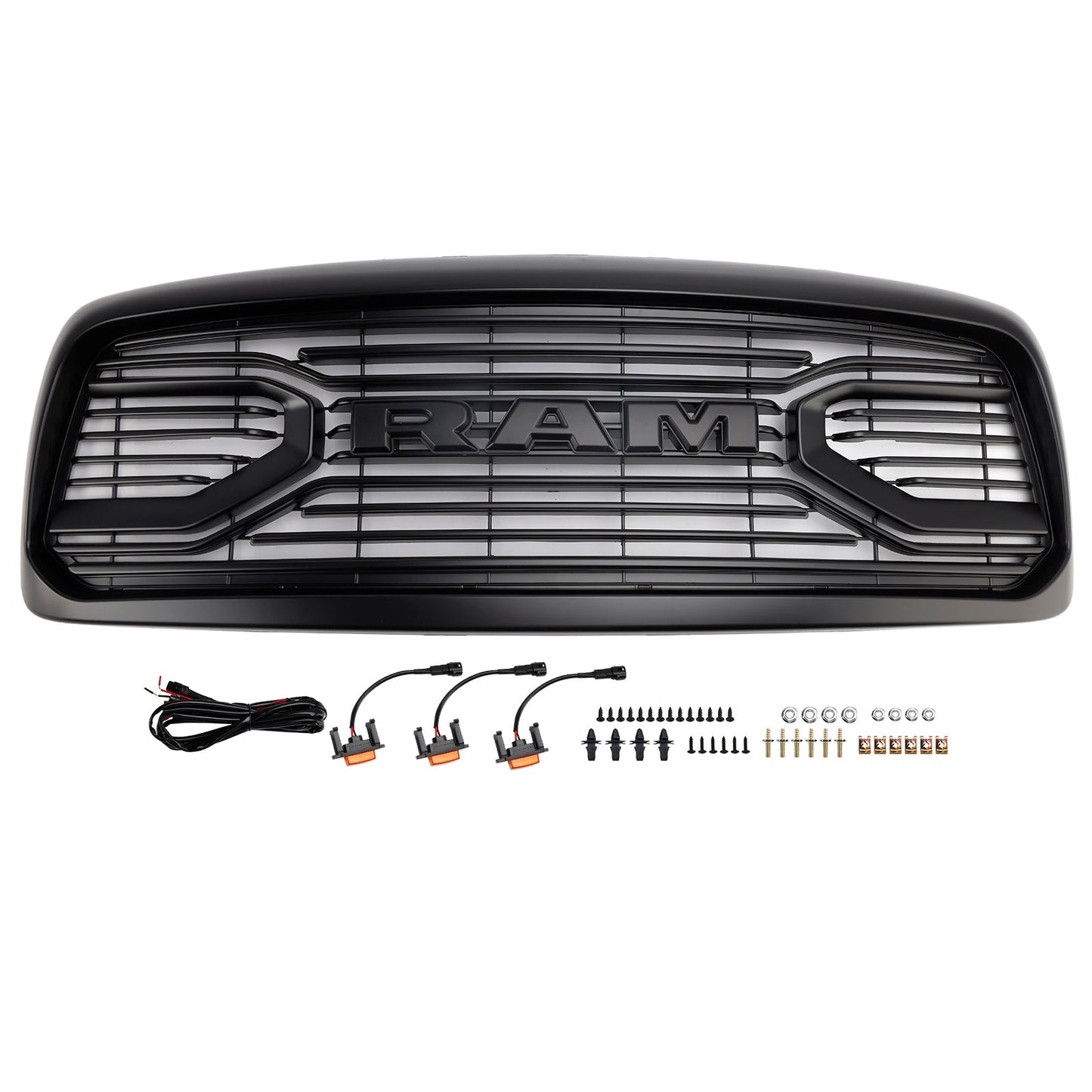 Dodge RAM 1500 2002-2005 Big Horn Style Grill Fron Bumper Black Replacement Grille W/ LED & RAM Letter