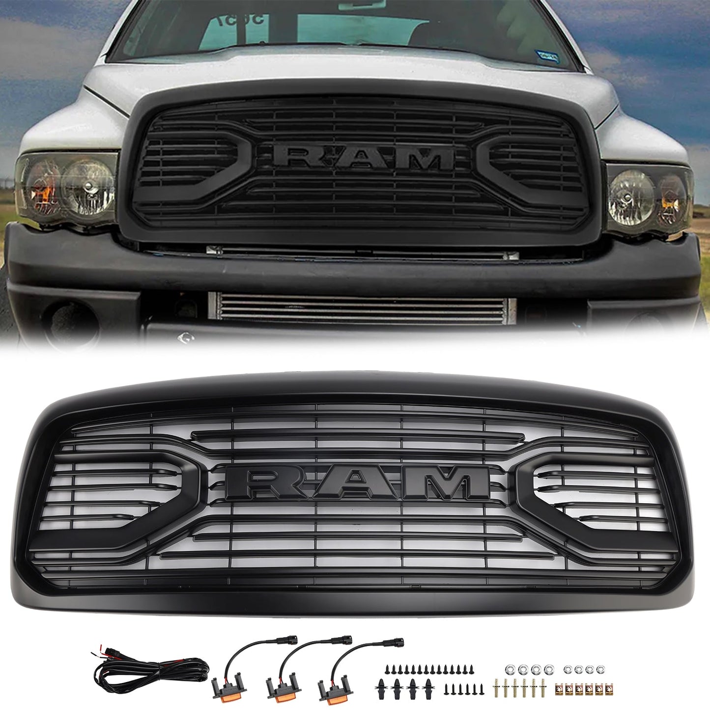 2002-2005 Dodge RAM 1500 Front Grill Big Horn Style Fron Bumper Black Replacement Grille With LED
