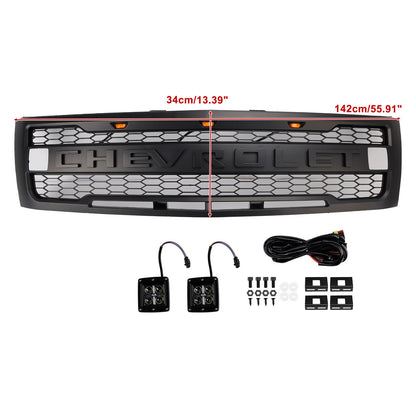 2007-2013 Chevy Silverado 1500 Raptor Style Grill Front Bumper Black Replacement Grille W/ LED