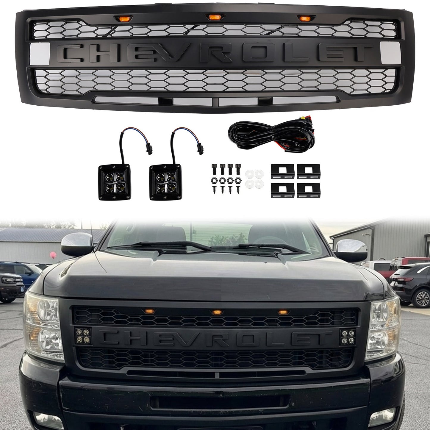 Chevrolet Silverado 1500 2007-2013 Front Grille Front Bumper Black Raptor Grille With LED