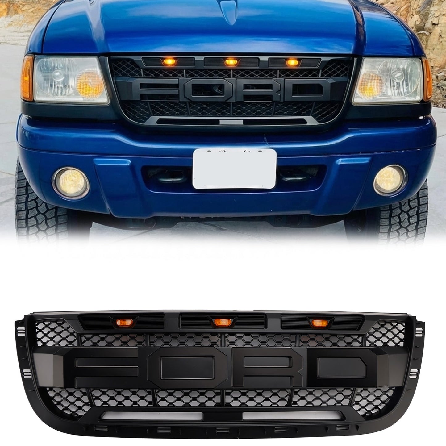 Ford Ranger 2001-2003 Front Grille Raptor Style Front Bumper Black Grill With LED