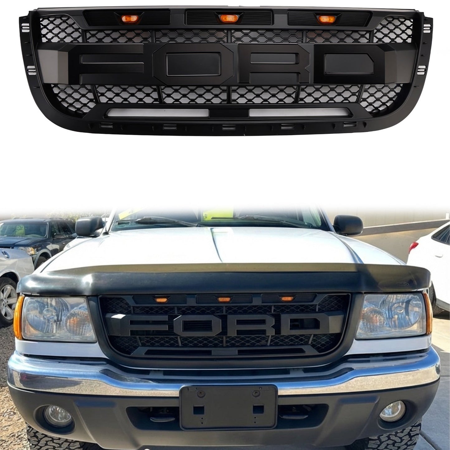2001-2003 Ford Ranger Raptor Style Grille Front Bumper Replacement Black Grill W/ LED Light