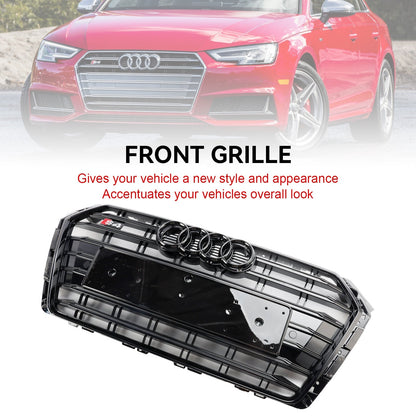 S4 Style Grille For Audi A4/ A4 Sline/ S4 2016-2019 B9 Front Bumper Slat Black Grill W/ Ring Emblem