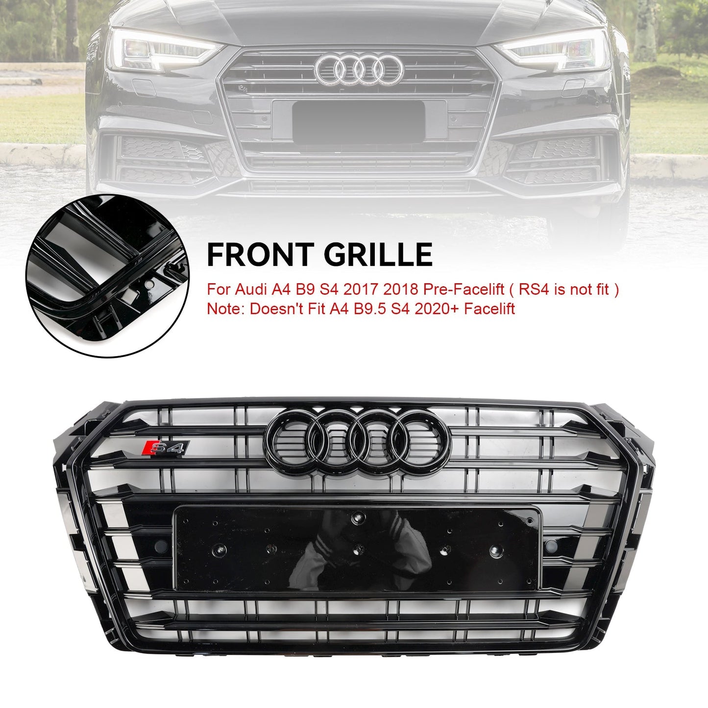 S4 Style Grille For Audi A4/ A4 Sline/ S4 2016-2019 B9 Front Bumper Slat Black Grill W/ Ring Emblem