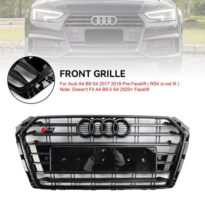 S4 Style Grille For Audi A4/ A4 Sline/ S4 2016-2019 B9 Front Bumper Slat Black Grill W/ Ring Emblem