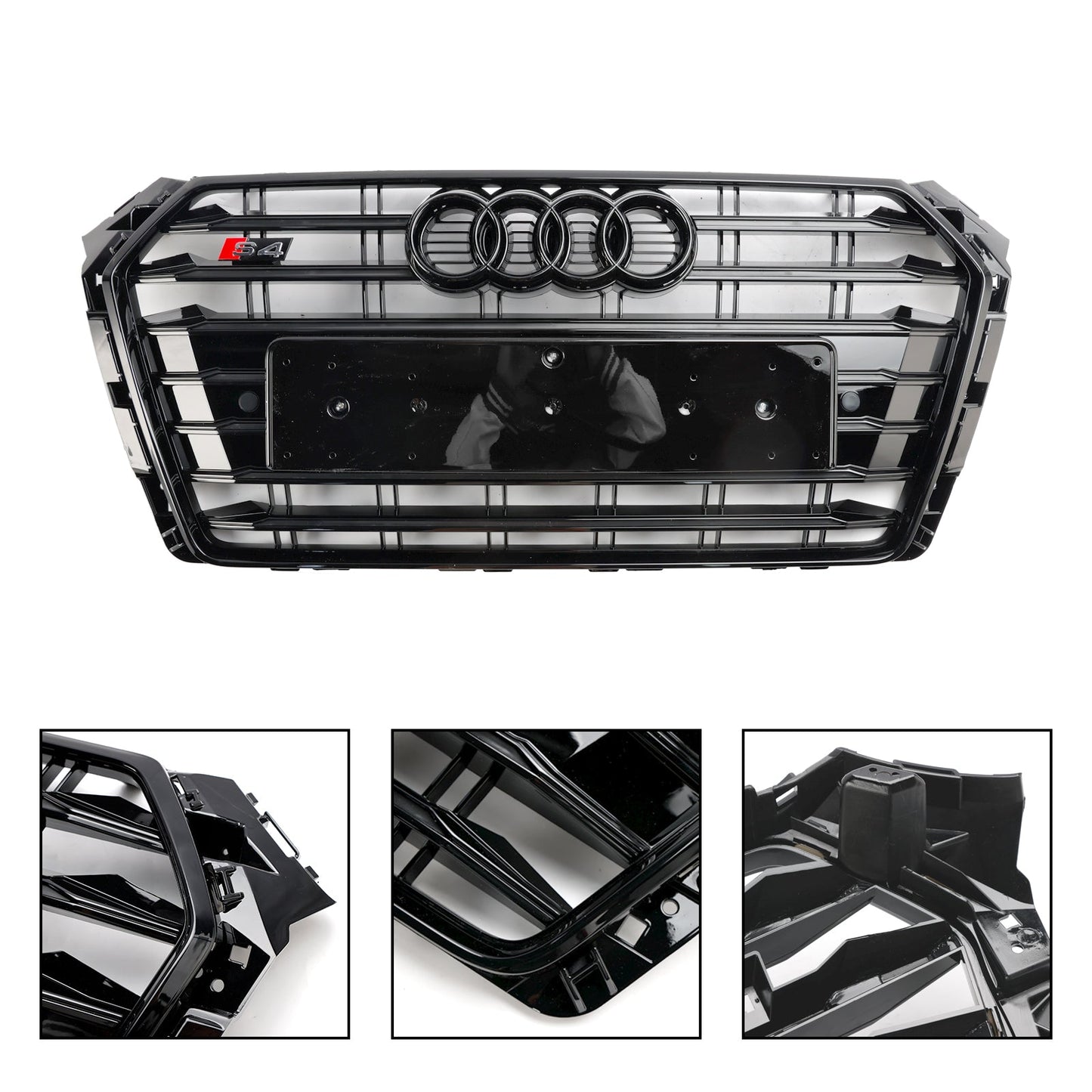 S4 Style Grille For Audi A4/ A4 Sline/ S4 2016-2019 B9 Front Bumper Slat Black Grill W/ Ring Emblem