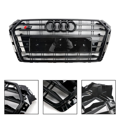 2016-2019 Audi A4/S4 B9 S4 Style Front Bumper Horizontal Slat Grill Black Grille With Ring Emblem