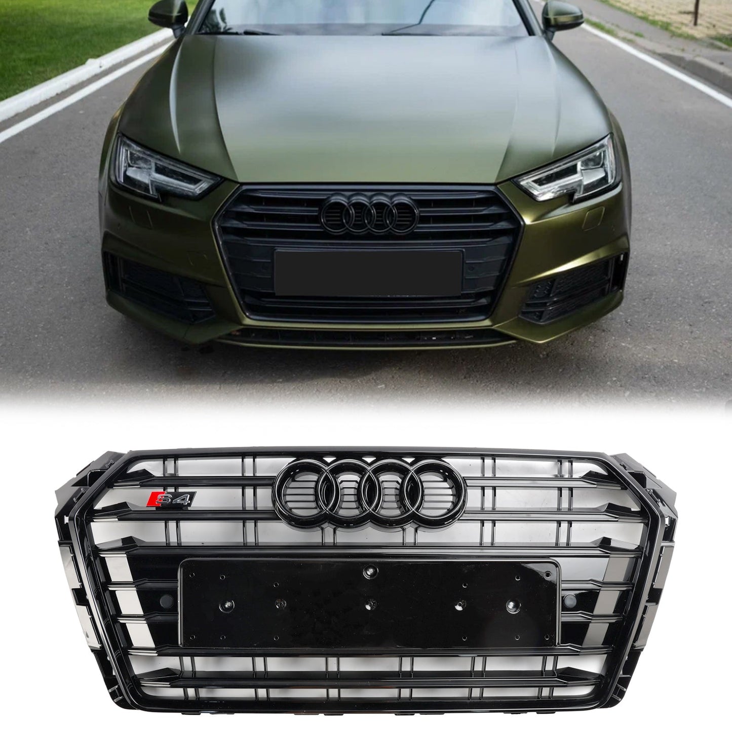 2016-2019 Audi A4/S4 B9 S4 Style Front Bumper Horizontal Slat Grill Black Grille With Ring Emblem