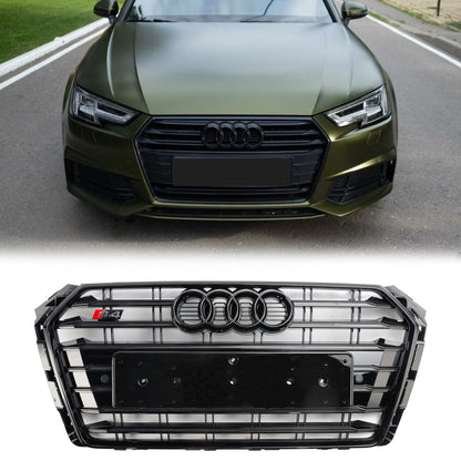 S4 Style Grille For Audi A4/ A4 Sline/ S4 2016-2019 B9 Front Bumper Slat Black Grill W/ Ring Emblem