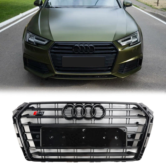 S4 Style Grille For Audi A4/ A4 Sline/ S4 2016-2019 B9 Front Bumper Slat Black Grill W/ Ring Emblem