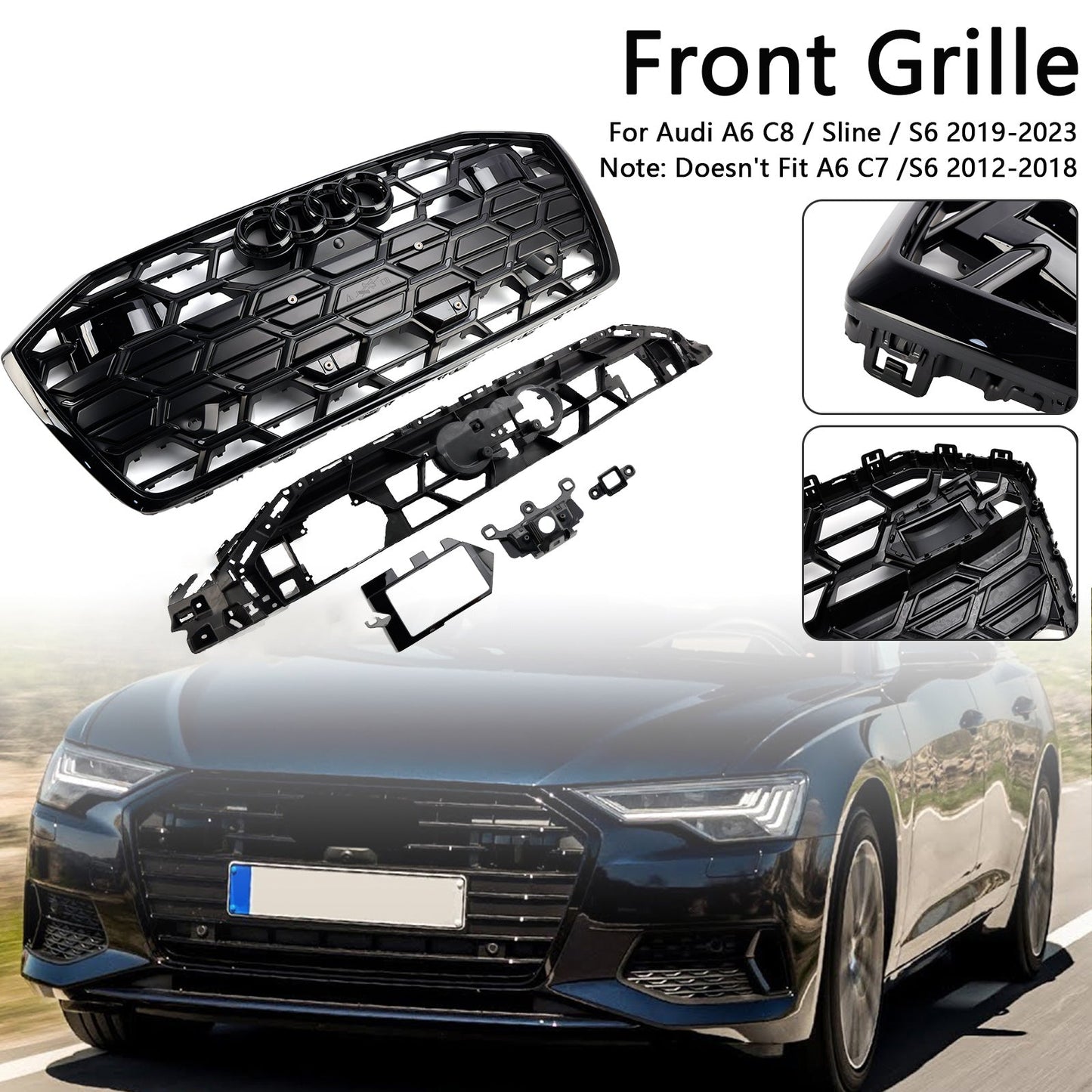 S6 Style Grille For 2019-2023 Audi A6 / A6 Sline / S6 C8 Front Bumper Mesh Black Grille W/ Black Ring Emblem