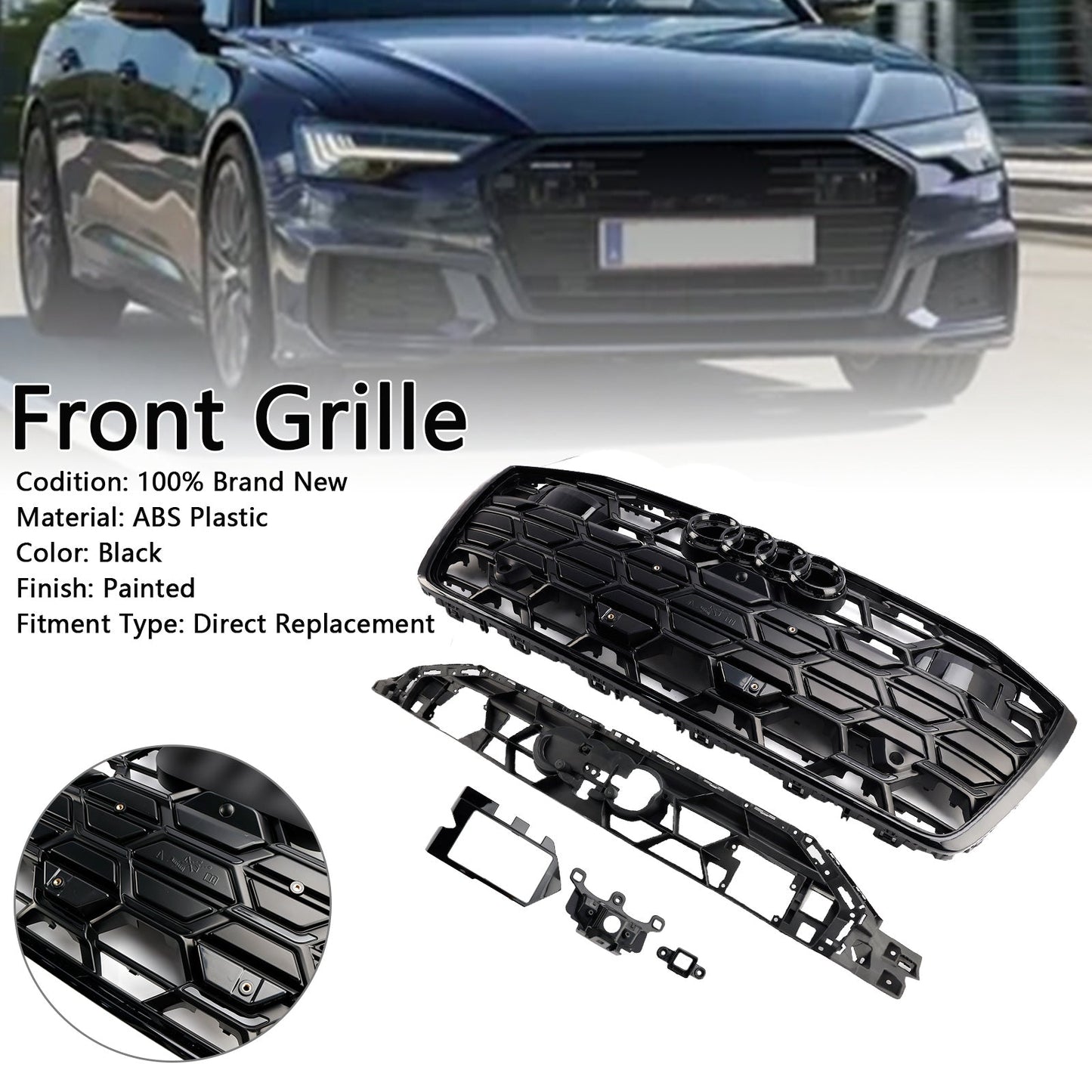 S6 Style Grille For 2019-2023 Audi A6 / A6 Sline / S6 C8 Front Bumper Mesh Black Grille W/ Black Ring Emblem