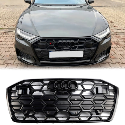 S6 Style Grille For 2019-2023 Audi A6 / A6 Sline / S6 C8 Front Bumper Mesh Black Grille W/ Black Ring Emblem