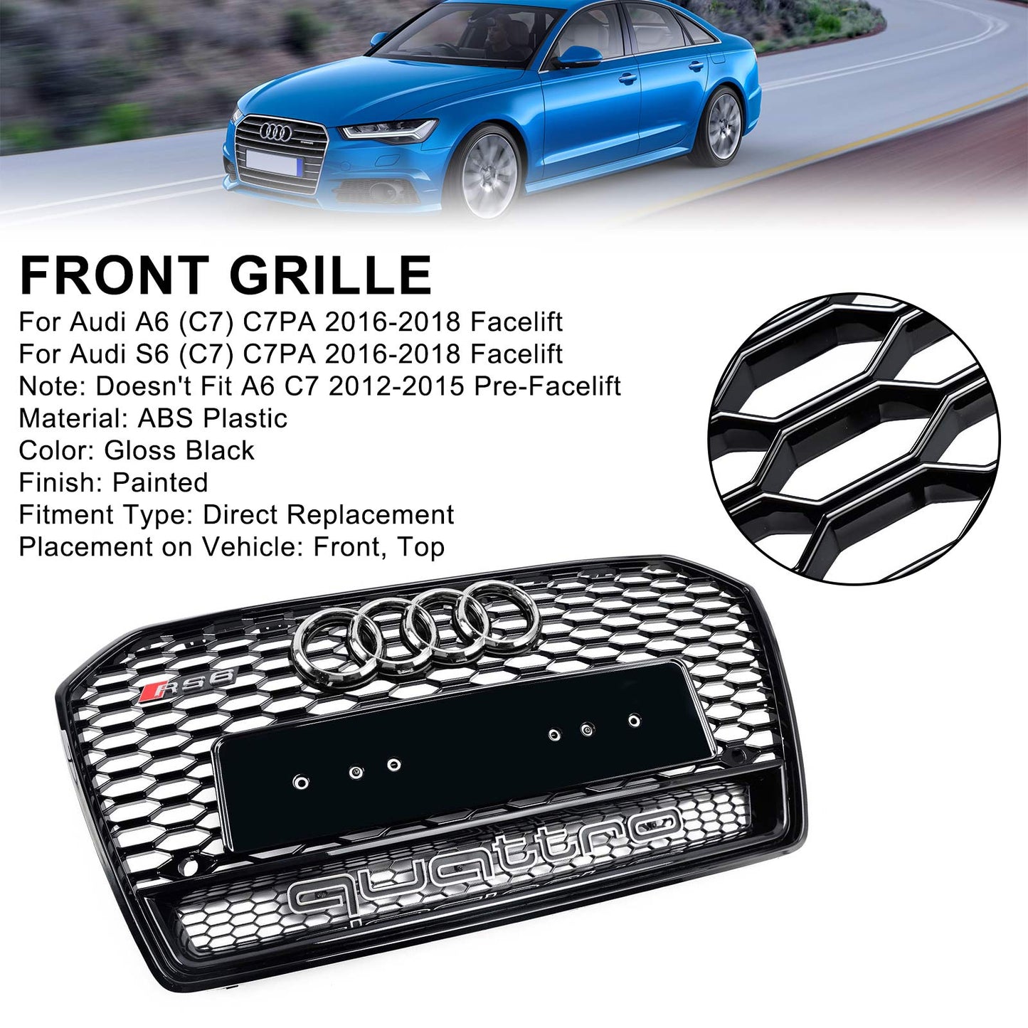 RS6 Quattro Style Grille For 2015-2018 Audi A6 /A6 Sline /S6 Front Bumper Honeycomb Black Grill W/ Ring Emblem