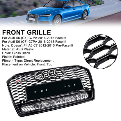 RS6 Quattro Style Grille For 2015-2018 Audi A6 /A6 Sline /S6 Front Bumper Honeycomb Black Grill W/ Ring Emblem