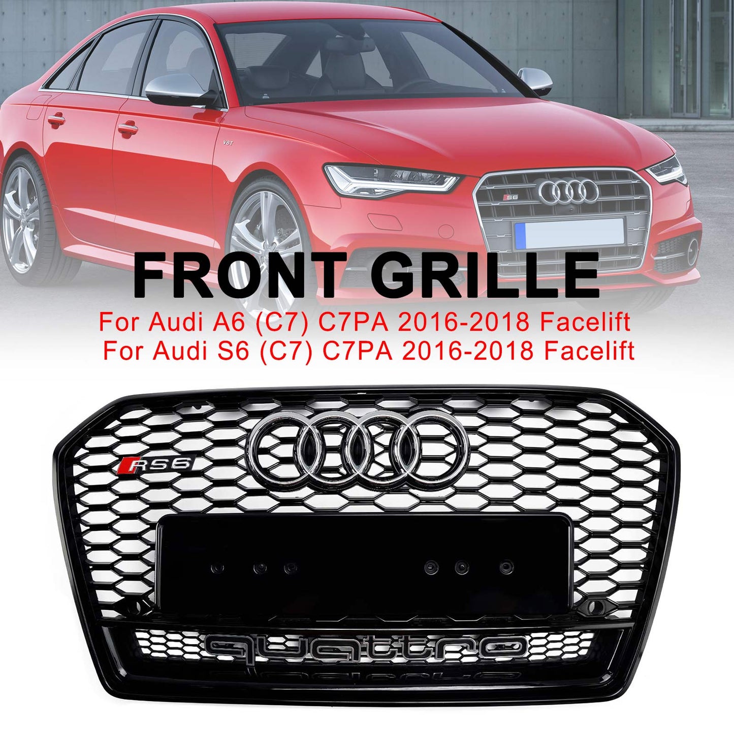 RS6 Quattro Style Grille For 2015-2018 Audi A6 /A6 Sline /S6 Front Bumper Honeycomb Black Grill W/ Ring Emblem
