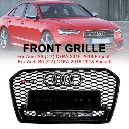 RS6 Quattro Style Grille For 2015-2018 Audi A6 /A6 Sline /S6 Front Bumper Honeycomb Black Grill W/ Ring Emblem