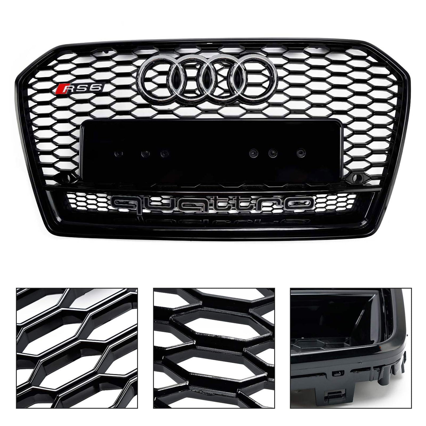 RS6 Quattro Style Grille For 2015-2018 Audi A6 /A6 Sline /S6 Front Bumper Honeycomb Black Grill W/ Ring Emblem