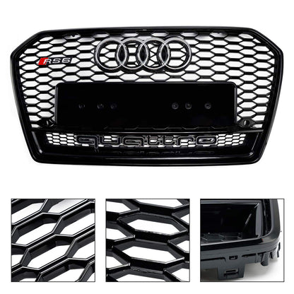 RS6 Quattro Style Grille For 2015-2018 Audi A6 /A6 Sline /S6 Front Bumper Honeycomb Black Grill W/ Ring Emblem