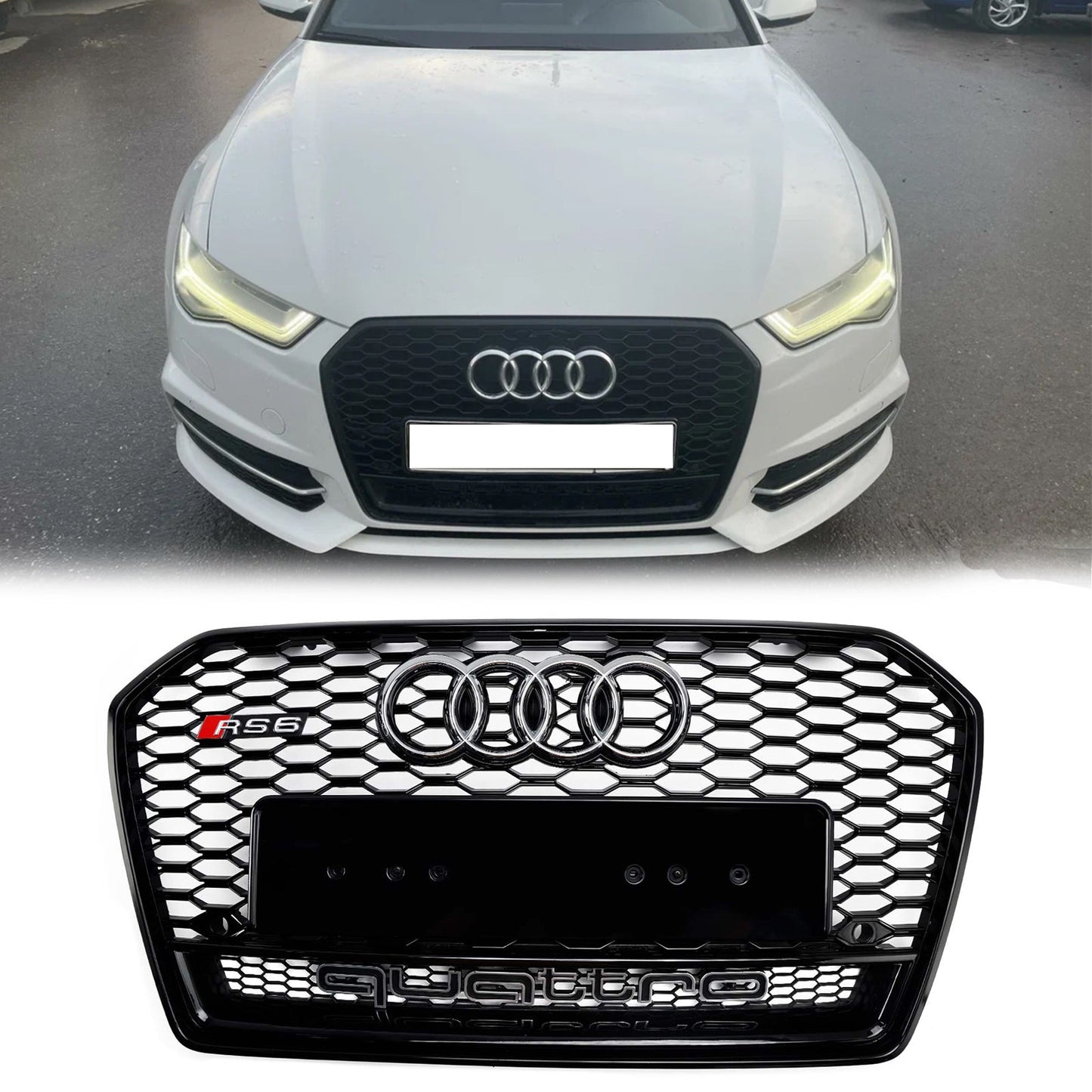 RS6 Quattro Style Grille For 2015-2018 Audi A6 /A6 Sline /S6 Front Bumper Honeycomb Black Grill W/ Ring Emblem