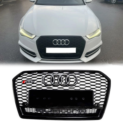 RS6 Quattro Style Grille For 2015-2018 Audi A6 /A6 Sline /S6 Front Bumper Honeycomb Black Grill W/ Ring Emblem