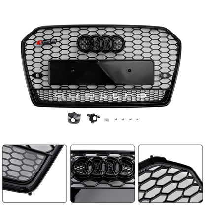 Audi A6 / A6 Sline / S6 C7 Honeycomb Front Grill 2015-2018 RS Style Air Intake Radiator Grille W/ Black Ring Emblem