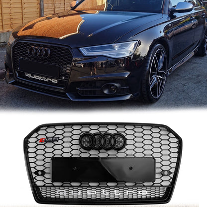 Audi A6 / A6 Sline / S6 C7 2015-2018 RS6 Quattro Style Black Grill Honeycomb Mesh Front Bumper Grille With Black Ring Emblem