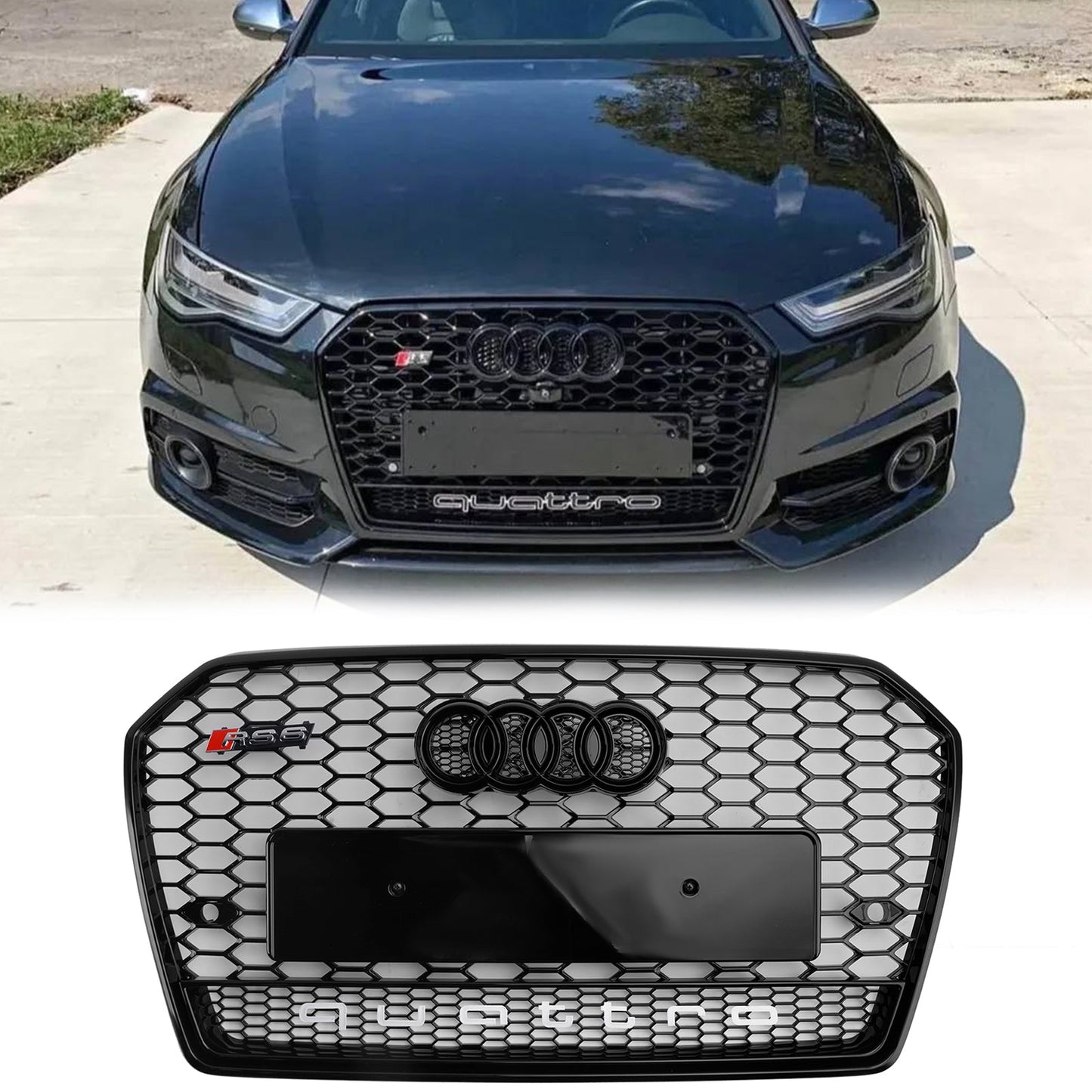 Audi A6 / A6 Sline / S6 C7 Honeycomb Front Grill 2015-2018 RS Style Air Intake Radiator Grille W/ Black Ring Emblem