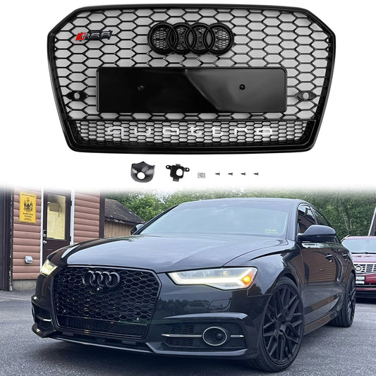 Audi A6 / A6 Sline / S6 C7 Honeycomb Front Grill 2015-2018 RS Style Air Intake Radiator Grille W/ Black Ring Emblem