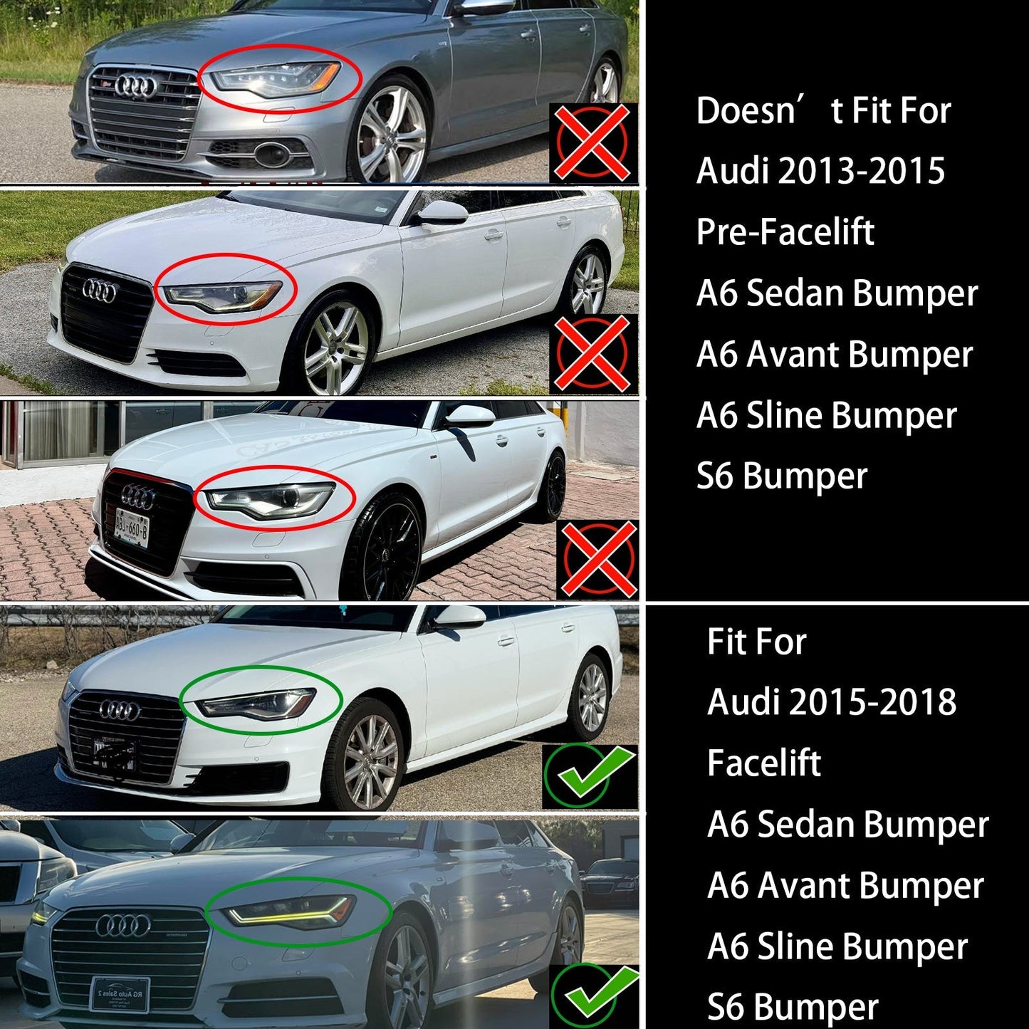 RS6 Quattro Style Grille For 2015-2018 Audi A6 /A6 Sline /S6 Front Bumper Honeycomb Black Grill W/ Ring Emblem