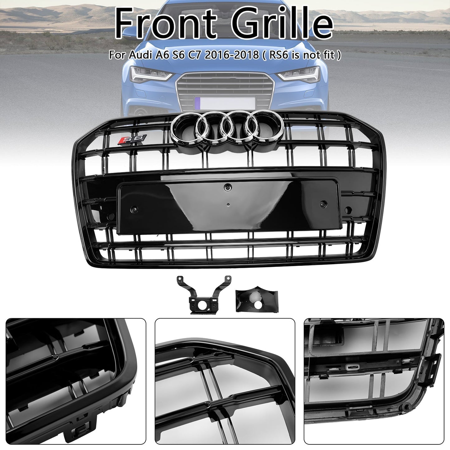 S6 Style Grille For 2016-2018 Audi A6 / A6 Sline / S6 C7 Front Bumper Mesh Slat Black Grill