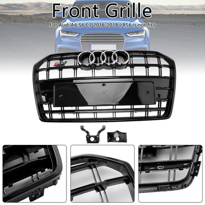 S6 Style Grille For 2016-2018 Audi A6 / A6 Sline / S6 C7 Front Bumper Mesh Slat Black Grill