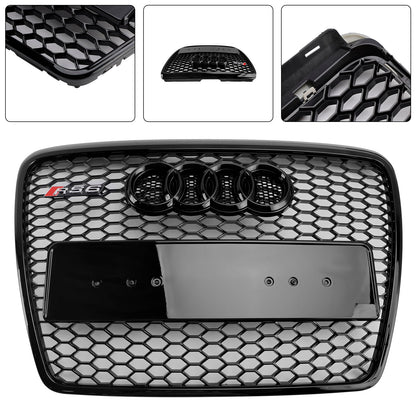Audi A6 /S6 C6 Grille Honeycome RS Grille Front Center Mesh Glossy Balck Replacement Grille With Ring Emblem 2008-2011