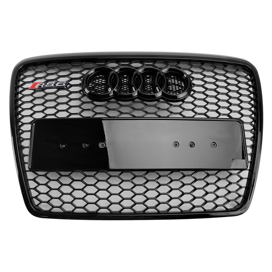 Audi A6 /S6 C6 Grille Honeycome RS Grille Front Center Mesh Glossy Balck Replacement Grille With Ring Emblem 2008-2011