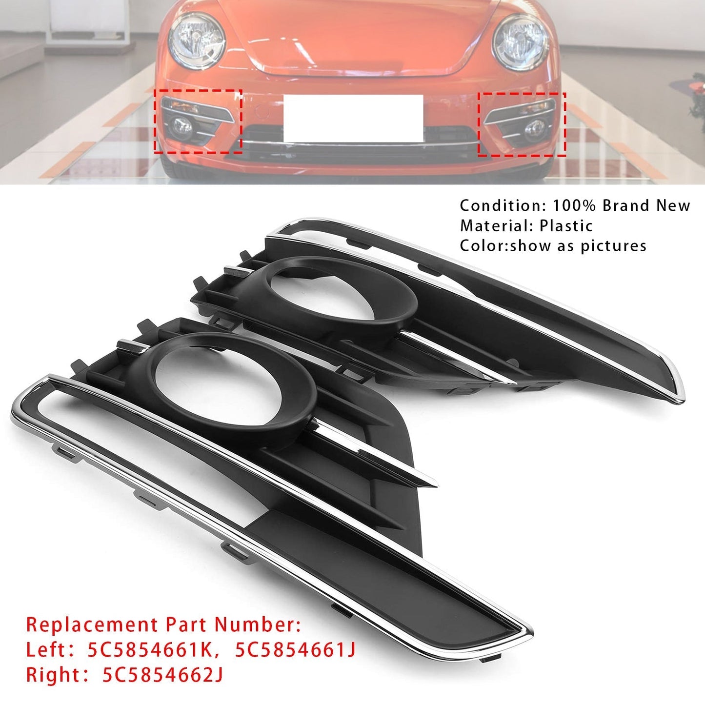 2016-2019 VW Beetle Pair Front Bumper Fog Light Grill Cover Bezel 5C5854661K 5C5854662J