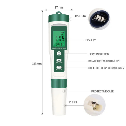 5 in 1 Digital PH TDS EC ORP Temperature Water Quality Tester Meter Test Tool