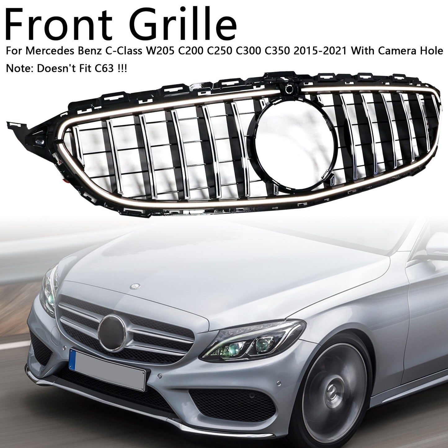 2015-2021 Mercedes Benz C-Class W205 C200 C250 C300 C350 Chrome Front Bumper Grill Grille W/LED