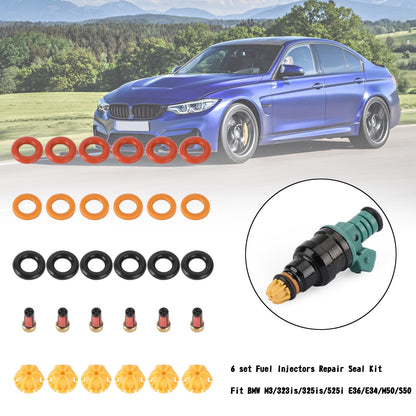 1991-1995 BMW 525I 6 set Fuel Injectors Repair Seal Kit 0280150415 13641730060 13641730080 62429 FJ292