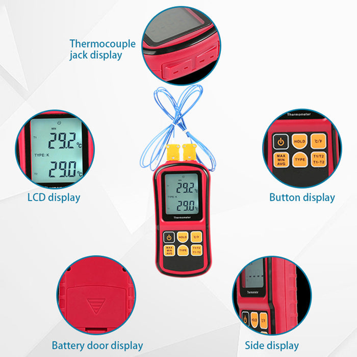 Digital Dual Channel Thermometer With 2 K-Type Thermocouple Sensor Tester