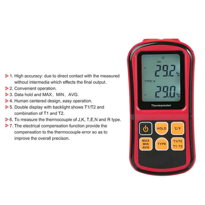 Digital Dual Channel Thermometer With 2 K-Type Thermocouple Sensor Tester